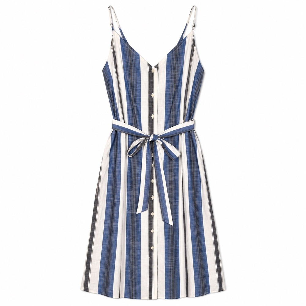 Lucky Brand Blue White Striped Button Front Tie Waist Midi Sundress Large Cotton